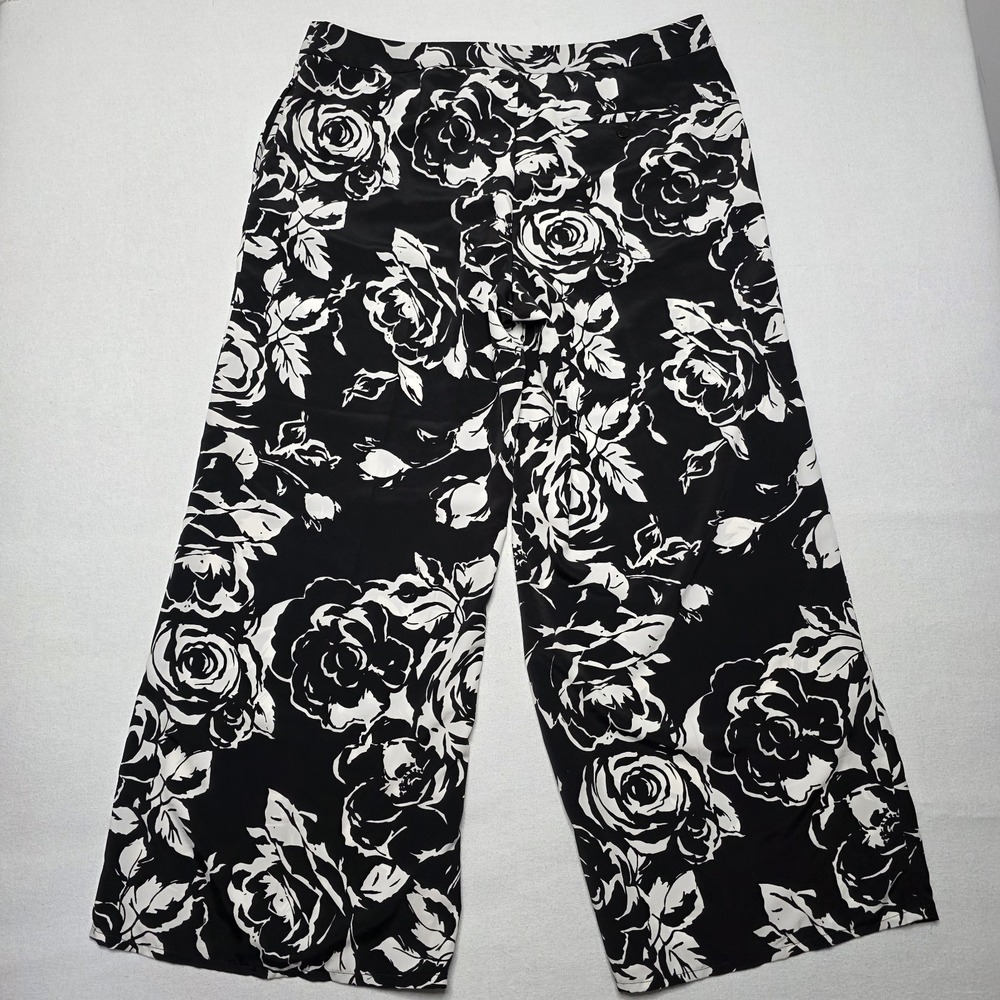 Lauren Ralph Lauren Black White Floral Wide Leg Pants Trousers Size 16 High Rise - Picture 2 of 9